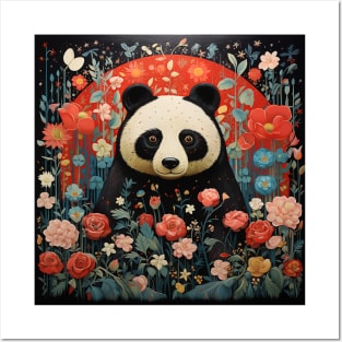 Surrealistic Folk Art Dark Floral Motif Panda Bear Design Posters and Art